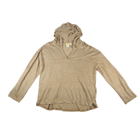 C&C California Tops - C&C California Striped Linen Hoodie Women XL Tan White Roll Tab Sleeve Pullover